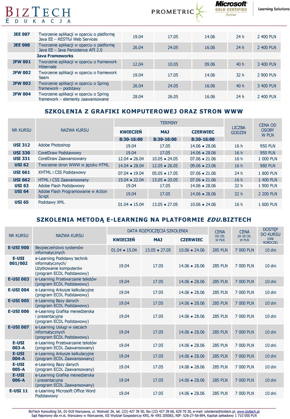 oparciu o Spring framework elementy zaawansowane 19.04 17.05 14.06 24 h 2 400 PLN 26.04 24.05 16.06 24 h 2 400 PLN 12.04 10.05 09.06 40 h 3 400 PLN 19.04 17.05 14.06 32 h 2 900 PLN 26.04 24.05 16.06 40 h 3 400 PLN 28.