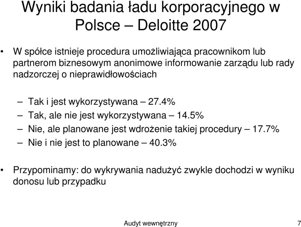 wykorzystywana 27.4% Tak, ale nie jest wykorzystywana 14.5% Nie, ale planowane jest wdroŝenie takiej procedury 17.