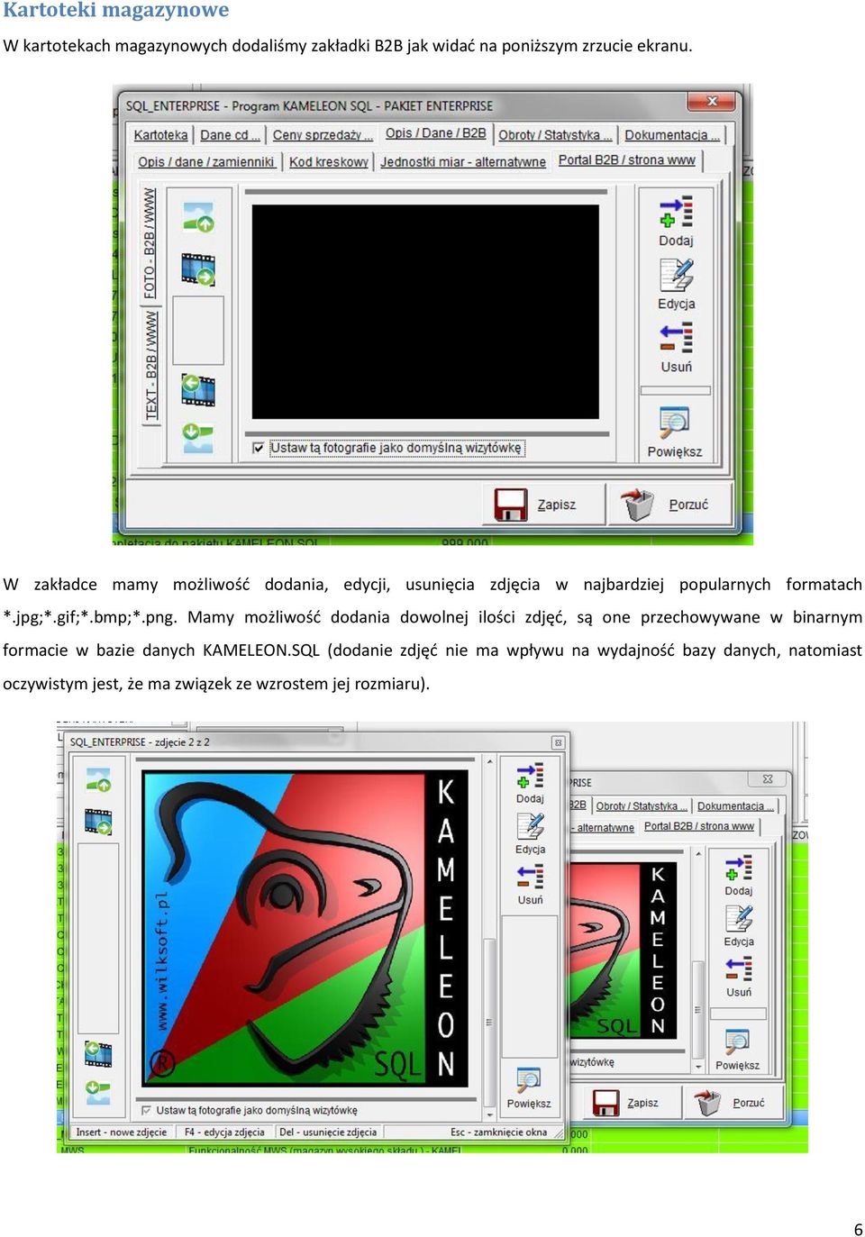 png. Mamy możliwość dodania dowolnej ilości zdjęć, są one przechowywane w binarnym formacie w bazie danych KAMELEON.