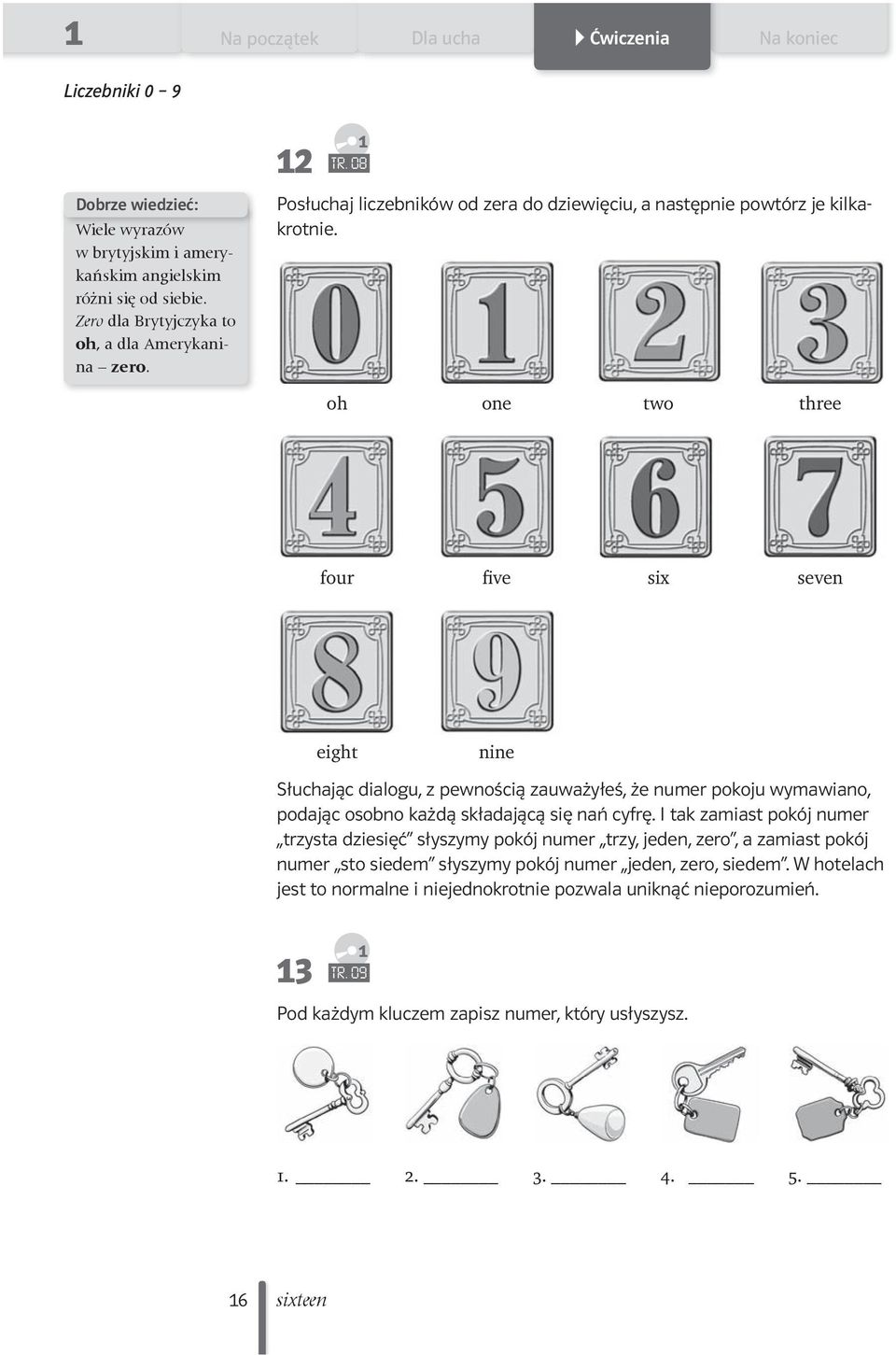 oh one two three four five six seven eight nine Słuchając dialogu, z pewnością zauważyłeś, że numer pokoju wymawiano, podając osobno każdą składającą się nań cyfrę.