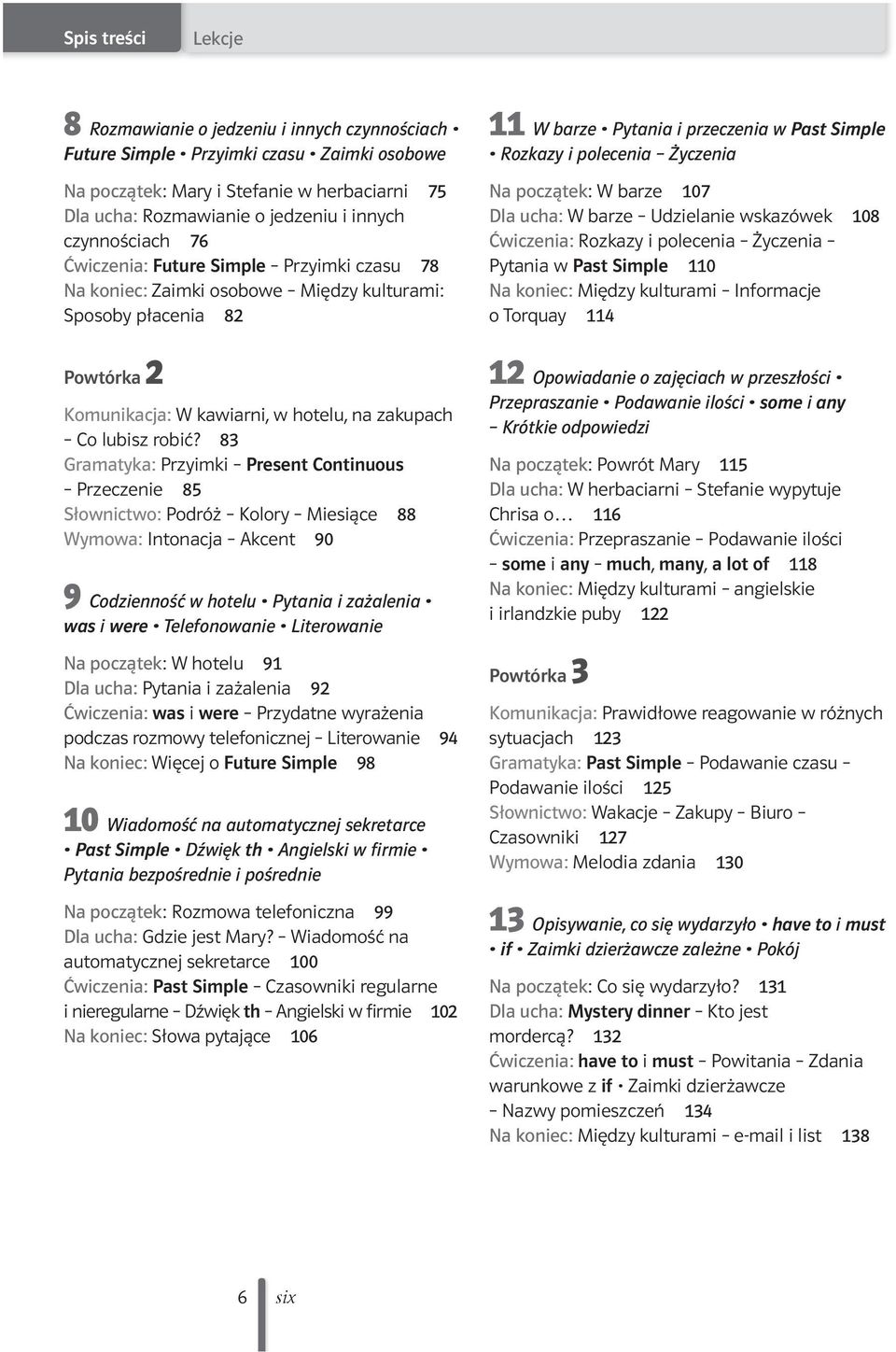 83 Gramatyka: Przyimki Present Continuous Przeczenie 85 Słownictwo: Podróż Kolory Miesiące 88 Wymowa: Intonacja Akcent 90 9 Codzienność w hotelu Pytania i zażalenia was i were Telefonowanie