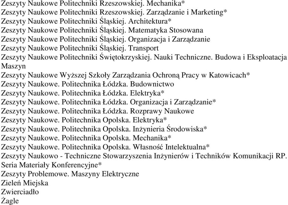 Transport Zeszyty Naukowe Politechniki Świętokrzyskiej. Nauki Techniczne. Budowa i Eksploatacja Maszyn Zeszyty Naukowe Wyższej Szkoły Zarządzania Ochroną Pracy w Katowicach* Zeszyty Naukowe.