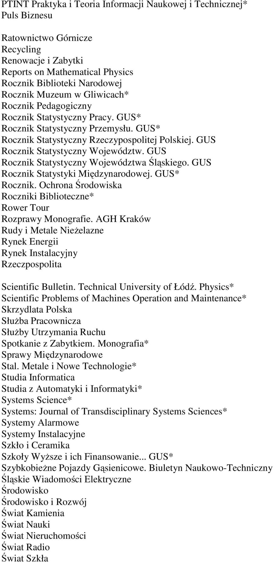 GUS Rocznik Statystyczny Województwa Śląskiego. GUS Rocznik Statystyki Międzynarodowej. GUS* Rocznik. Ochrona Środowiska Roczniki Biblioteczne* Rower Tour Rozprawy Monografie.