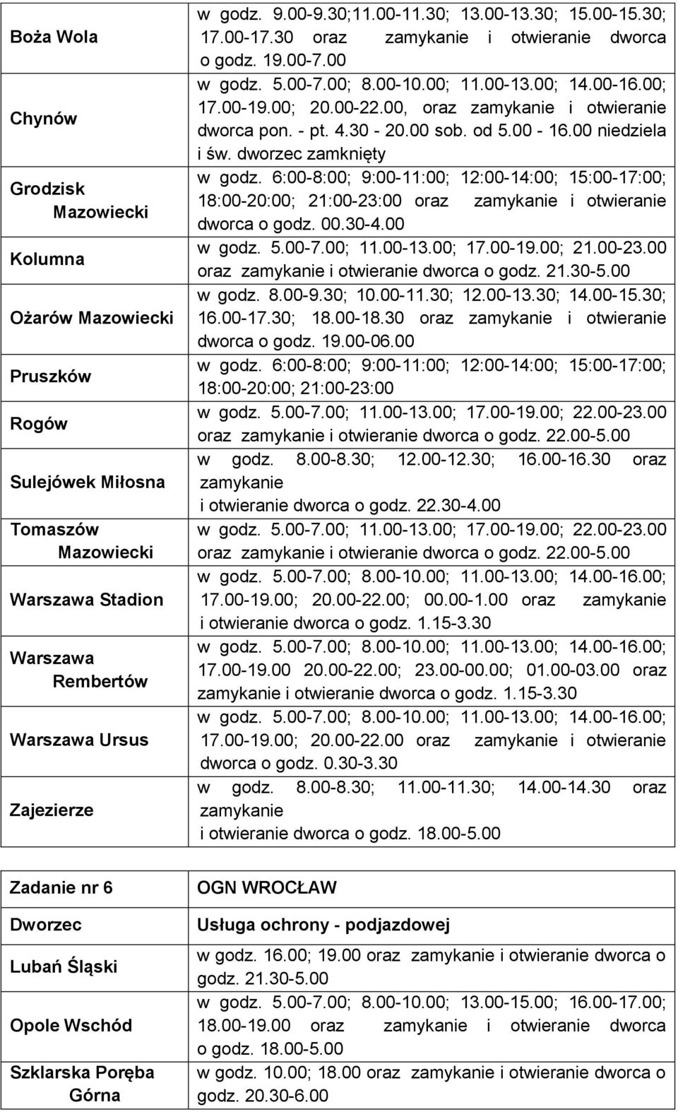00, oraz zamykanie i otwieranie dworca pon. - pt. 4.30-20.00 sob. od 5.00-16.00 niedziela i św. dworzec zamknięty w godz.