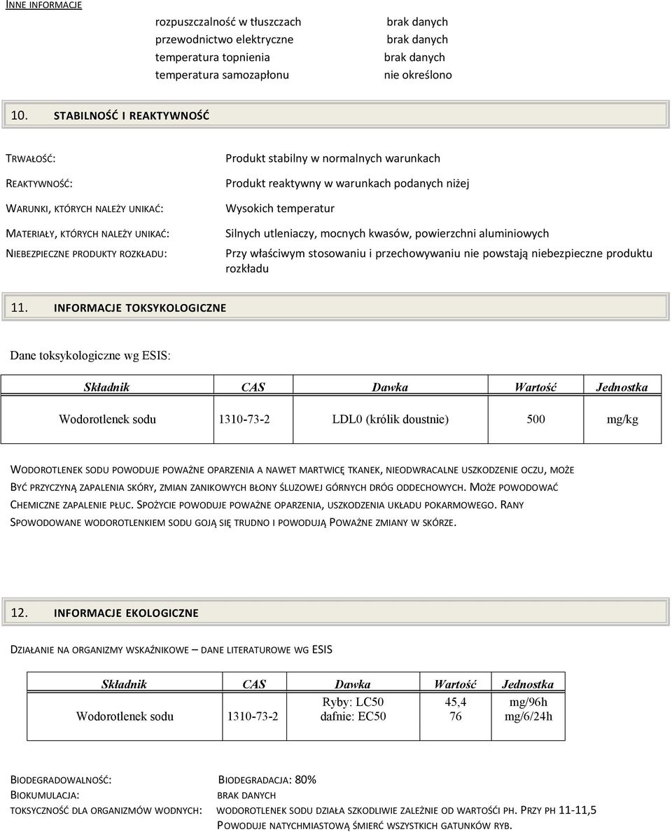 reaktywny w warunkach podanych niżej Wysokich temperatur Silnych utleniaczy, mocnych kwasów, powierzchni aluminiowych Przy właściwym stosowaniu i przechowywaniu nie powstają niebezpieczne produktu