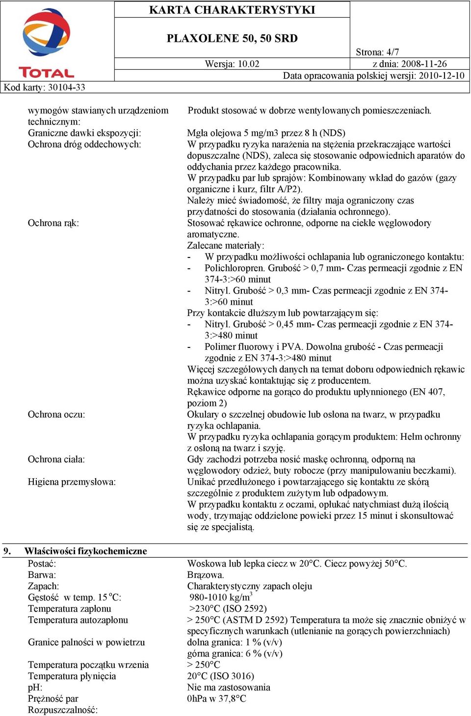 Mgła olejowa 5 mg/m3 przez 8 h (NDS) W przypadku ryzyka narażenia na stężenia przekraczające wartości dopuszczalne (NDS), zaleca się stosowanie odpowiednich aparatów do oddychania przez każdego
