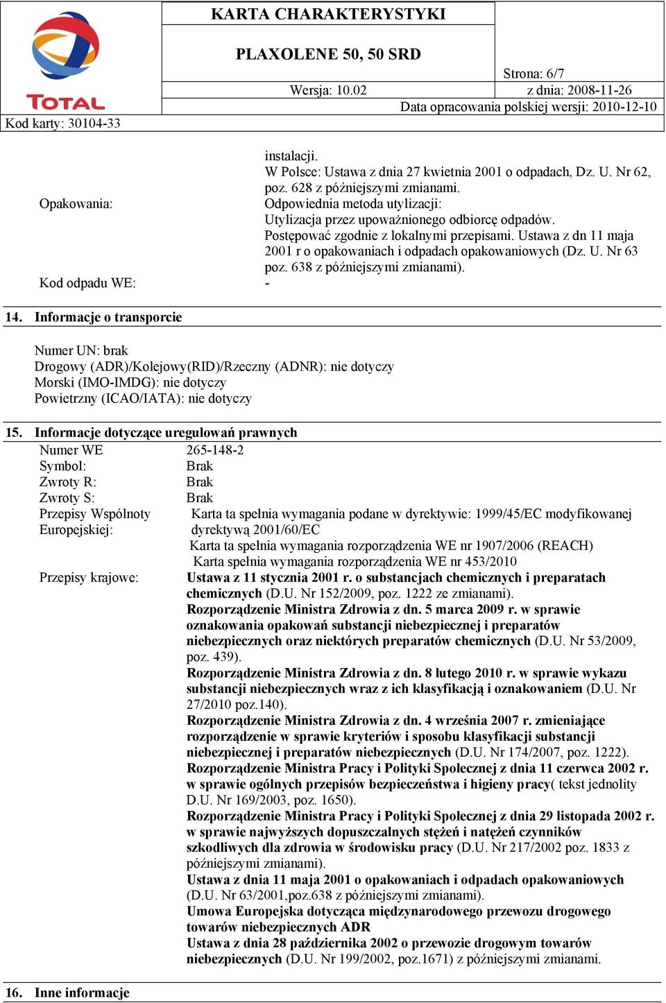 Ustawa z dn 11 maja 2001 r o opakowaniach i odpadach opakowaniowych (Dz. U. Nr 63 poz. 638 z późniejszymi zmianami). Kod odpadu WE: - 14.