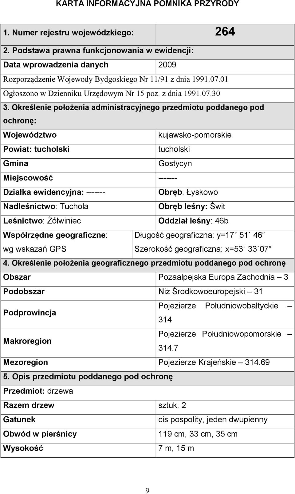 Określenie położenia administracyjnego przedmiotu poddanego pod ochronę: Województwo kujawsko-pomorskie Powiat: tucholski tucholski Gmina Gostycyn Miejscowość ------- Działka ewidencyjna: -------