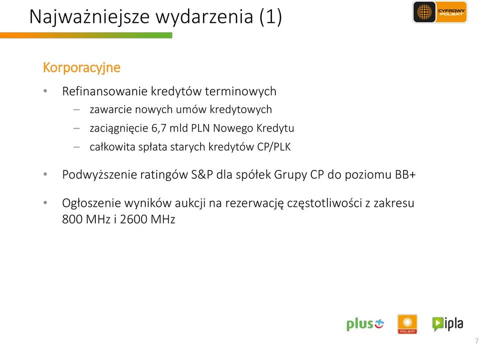 spłata starych kredytów CP/PLK Podwyższenie ratingów S&P dla spółek Grupy CP do