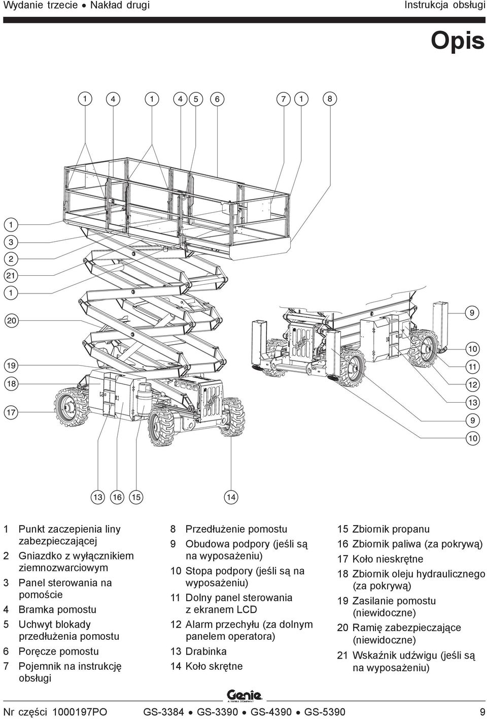 Dolny panel sterowania z ekranem LCD 12 Alarm przechyłu (za dolnym panelem operatora) 13 Drabinka 14 Koło skrętne 15 Zbiornik propanu 16 Zbiornik paliwa (za pokrywą) 17 Koło nieskrętne 18 Zbiornik