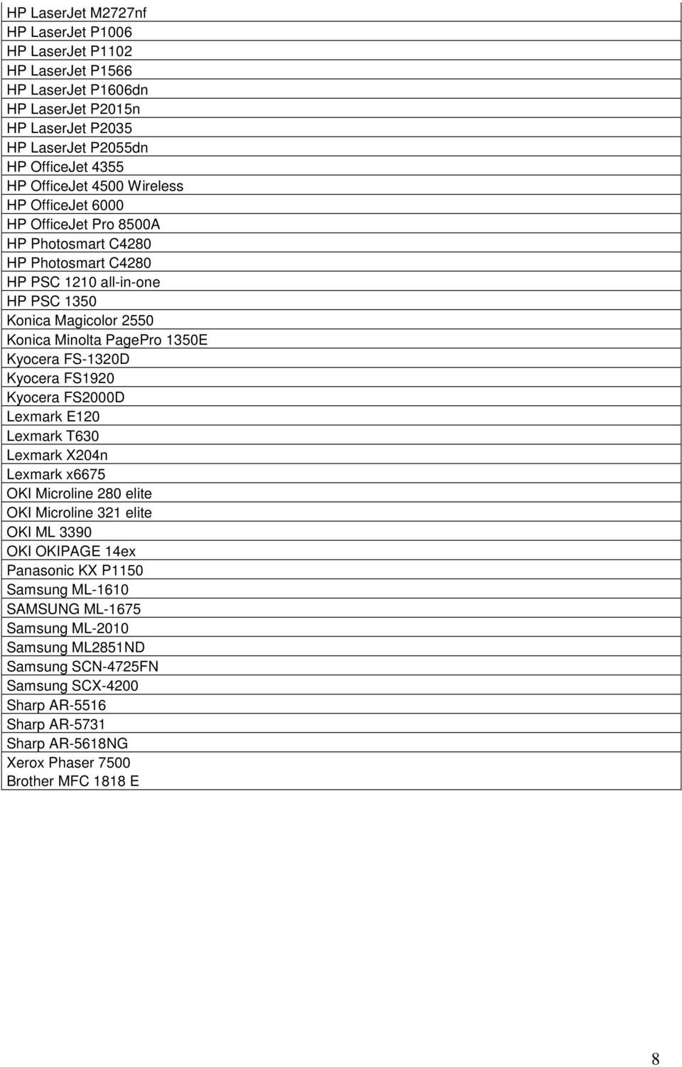 Kyocera FS-1320D Kyocera FS1920 Kyocera FS2000D Lexmark E120 Lexmark T630 Lexmark X204n Lexmark x6675 OKI Microline 280 elite OKI Microline 321 elite OKI ML 3390 OKI OKIPAGE 14ex
