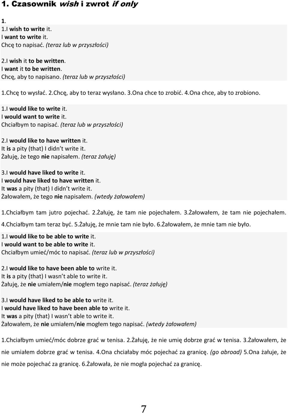 (teraz lub w przyszłości) 2.I would like to have written it. It is a pity (that) I didn t write it. Żałuję, że tego nie napisałem. (teraz żałuję) 3.I would have liked to write it.