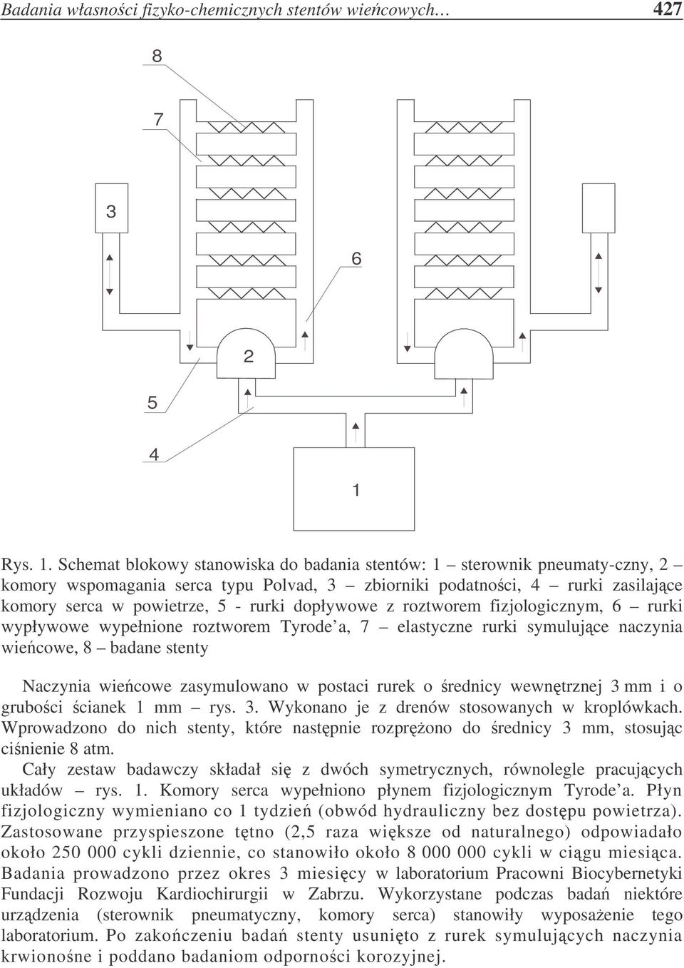 Schemat blokowy stanowiska do badania stentów: 1 sterownik pneumaty-czny, 2 komory wspomagania serca typu Polvad, 3 zbiorniki podatnoci, 4 rurki zasilajce komory serca w powietrze, 5 - rurki