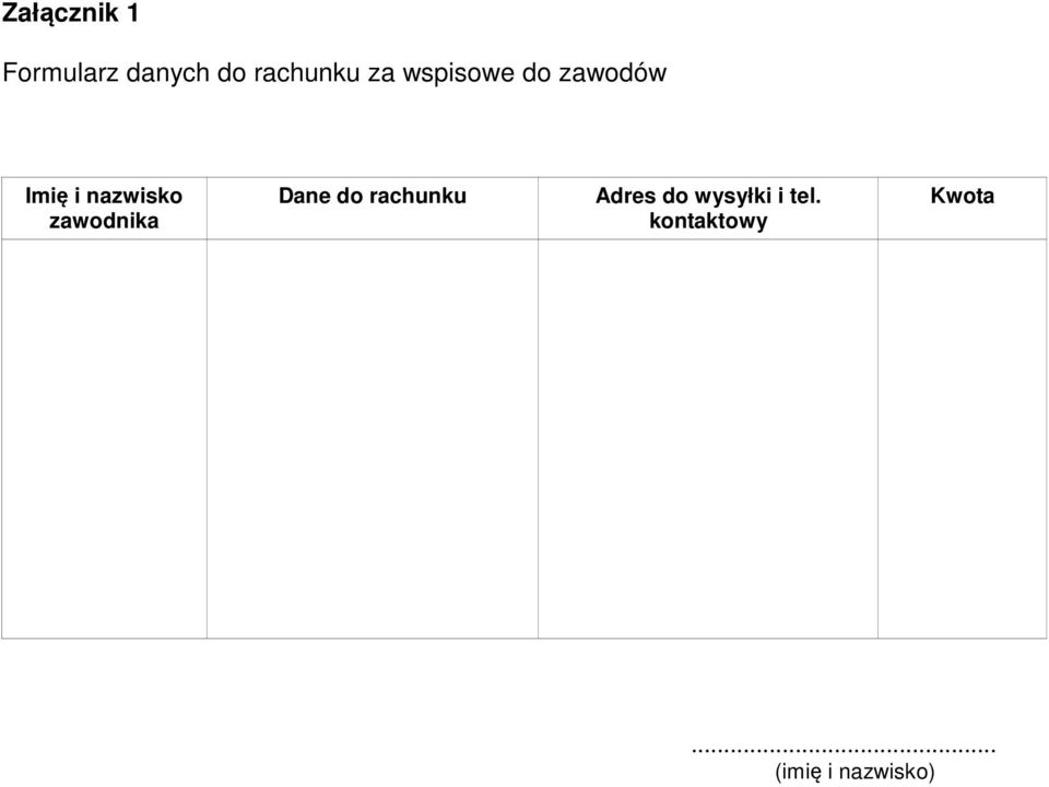 zawodnika Dane do rachunku Adres do