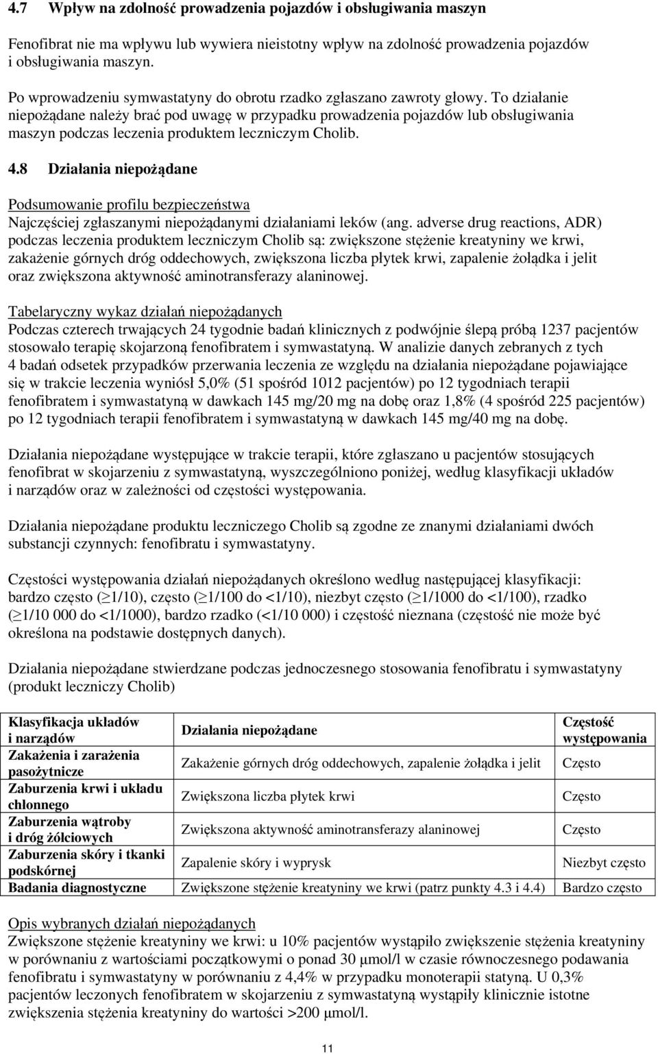 To działanie niepożądane należy brać pod uwagę w przypadku prowadzenia pojazdów lub obsługiwania maszyn podczas leczenia produktem leczniczym Cholib. 4.