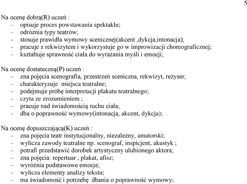 miejsca teatralne; podejmuje próbę interpretacji plakatu teatralnego; czyta ze zrozumieniem ; pracuje nad świadomością ruchu ciała; dba o poprawność wymowy(intonacja, akcent, dykcja); Na ocenę