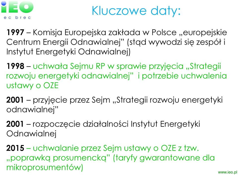 uchwalenia ustawy o OZE 2001 przyjęcie przez Sejm Strategii rozwoju energetyki odnawialnej 2001 rozpoczęcie działalności