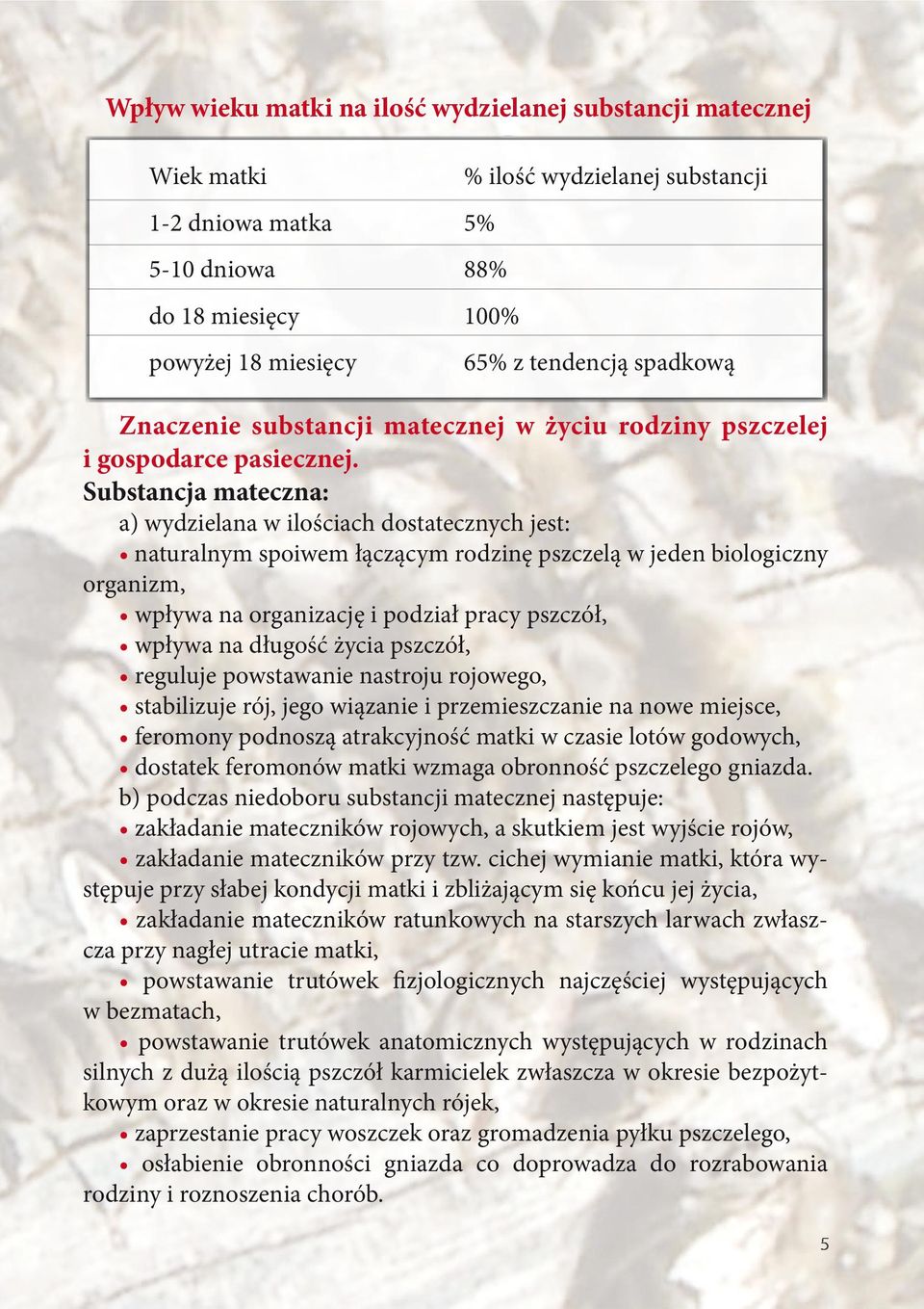 Substancja mateczna: a) wydzielana w ilościach dostatecznych jest: naturalnym spoiwem łączącym rodzinę pszczelą w jeden biologiczny organizm, wpływa na organizację i podział pracy pszczół, wpływa na