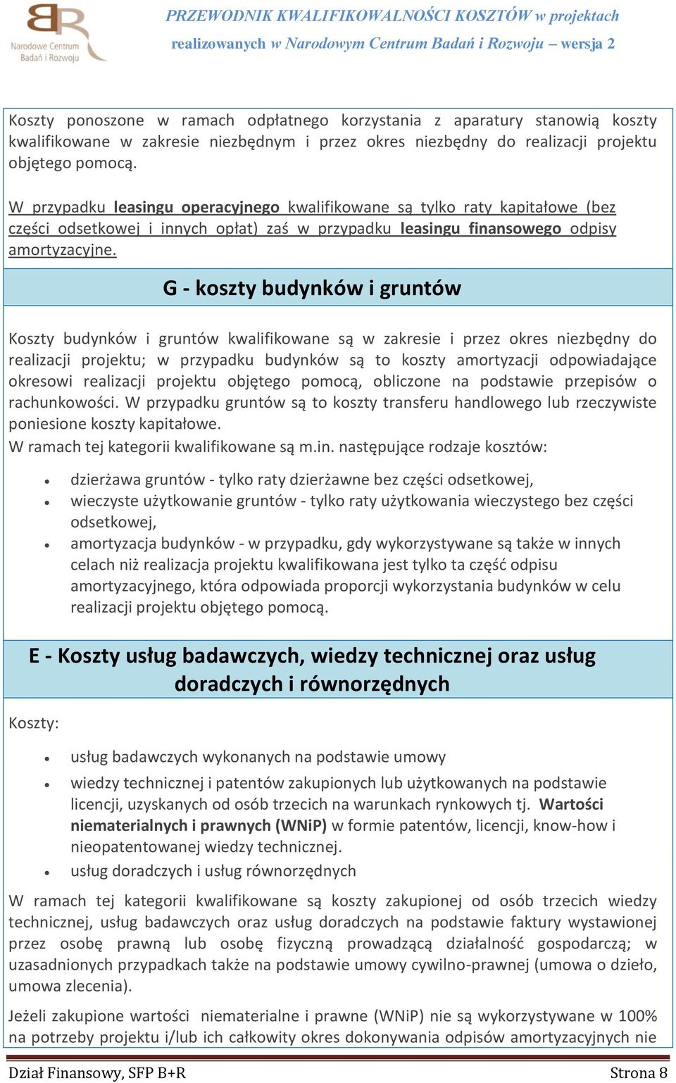 G - koszty budynków i gruntów Koszty budynków i gruntów kwalifikowane są w zakresie i przez okres niezbędny do realizacji projektu; w przypadku budynków są to koszty amortyzacji odpowiadające