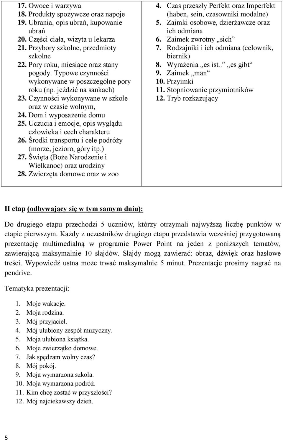Dom i wyposażenie domu 25. Uczucia i emocje, opis wyglądu człowieka i cech charakteru 26. Środki transportu i cele podróży (morze, jezioro, góry itp.) 27.