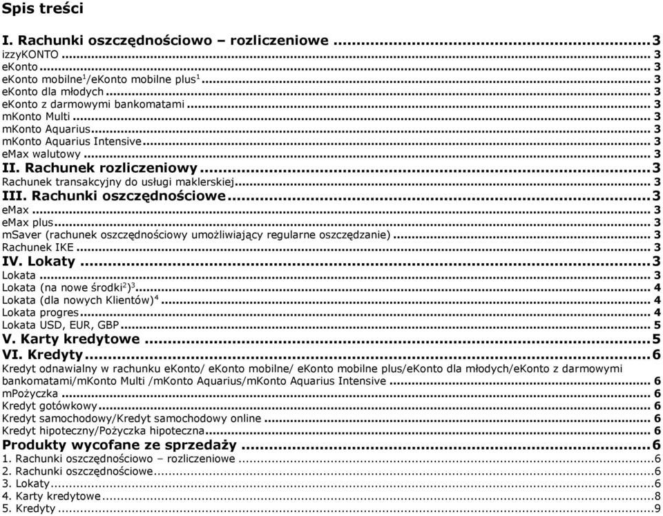 .. msaver (rachunek oszczędnościowy umożliwiający regularne oszczędzanie)... Rachunek IKE... IV. Lokaty... Lokata... Lokata (na nowe środki )... 4 Lokata (dla nowych Klientów) 4... 4 Lokata progres.