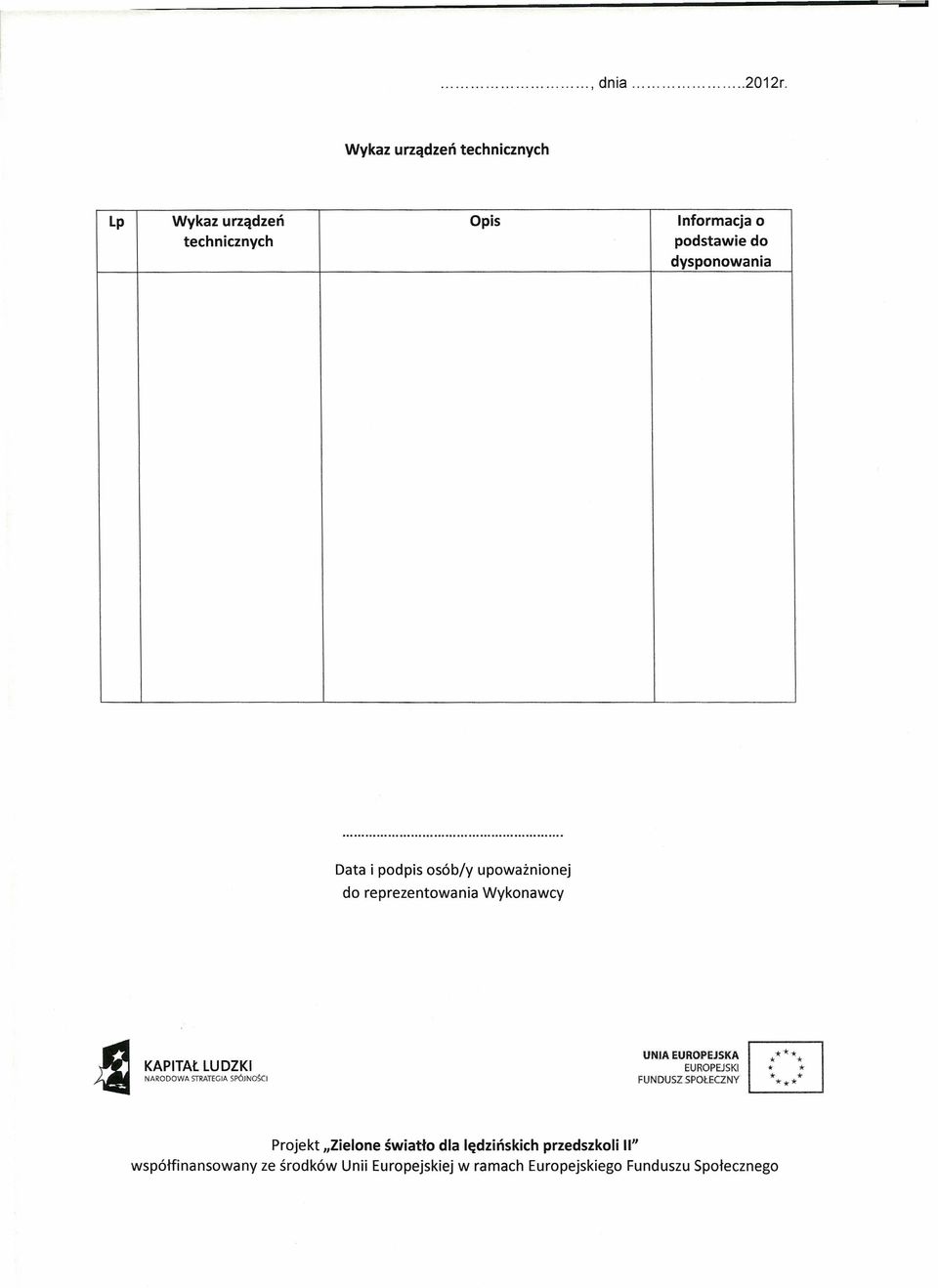 Informacja o technicznych podstawie do dysponowania Data i