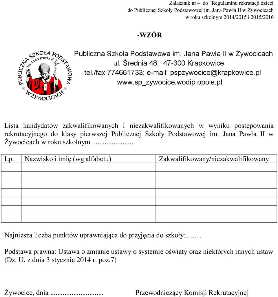 pl Lista kandydatów zakwalifikowanych i niezakwalifikowanych w wyniku postępowania rekrutacyjnego do klasy pierwszej Publicznej Szkoły Podstawowej im. Jana Pawła II w Żywocicach w roku szkolnym.