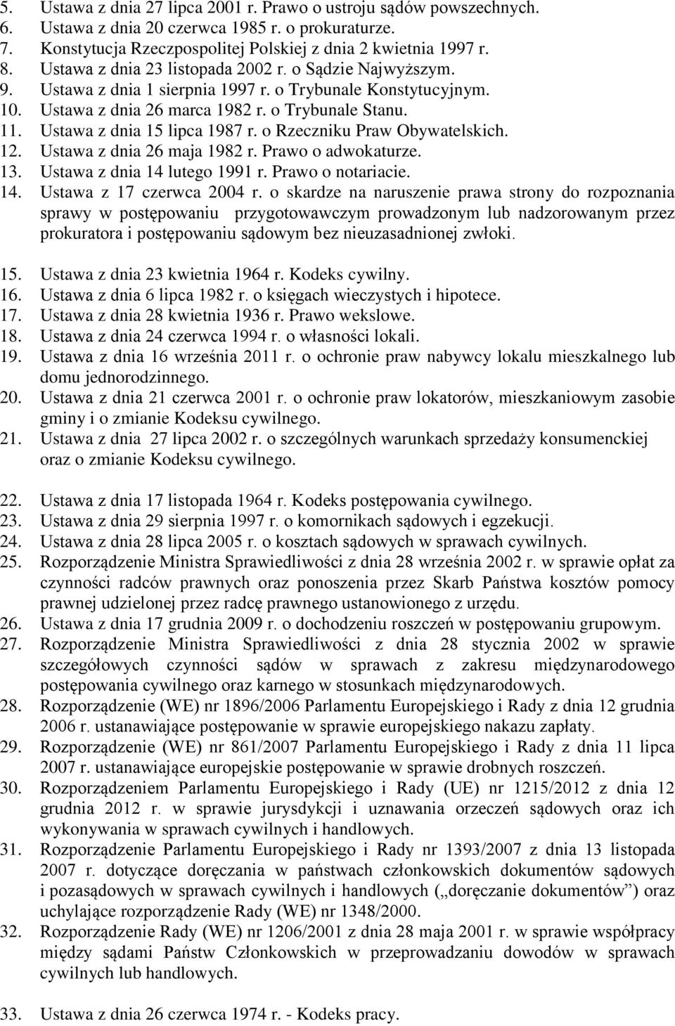 Ustawa z dnia 15 lipca 1987 r. o Rzeczniku Praw Obywatelskich. 12. Ustawa z dnia 26 maja 1982 r. Prawo o adwokaturze. 13. Ustawa z dnia 14 lutego 1991 r. Prawo o notariacie. 14. Ustawa z 17 czerwca 2004 r.