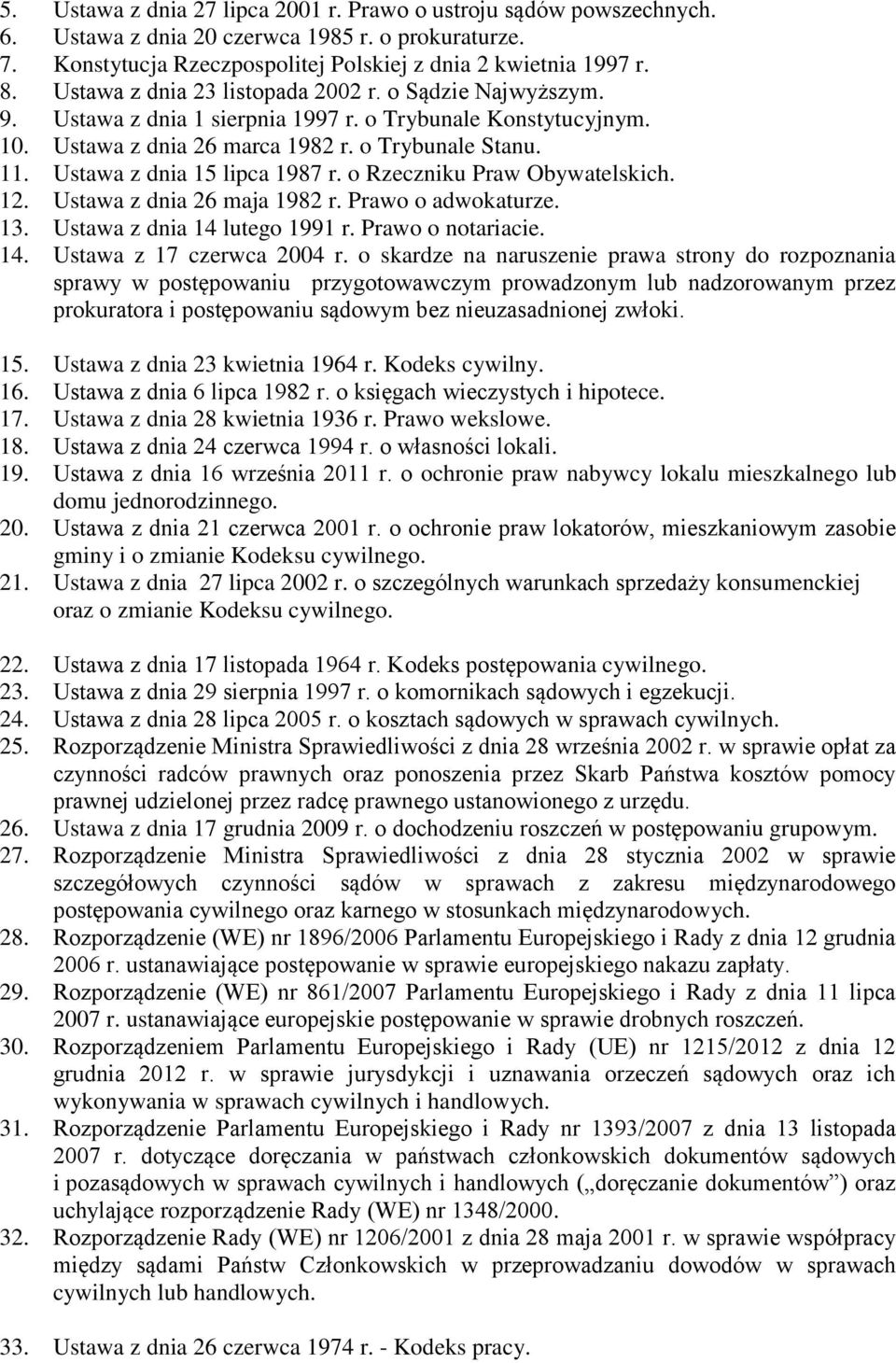 Ustawa z dnia 15 lipca 1987 r. o Rzeczniku Praw Obywatelskich. 12. Ustawa z dnia 26 maja 1982 r. Prawo o adwokaturze. 13. Ustawa z dnia 14 lutego 1991 r. Prawo o notariacie. 14. Ustawa z 17 czerwca 2004 r.