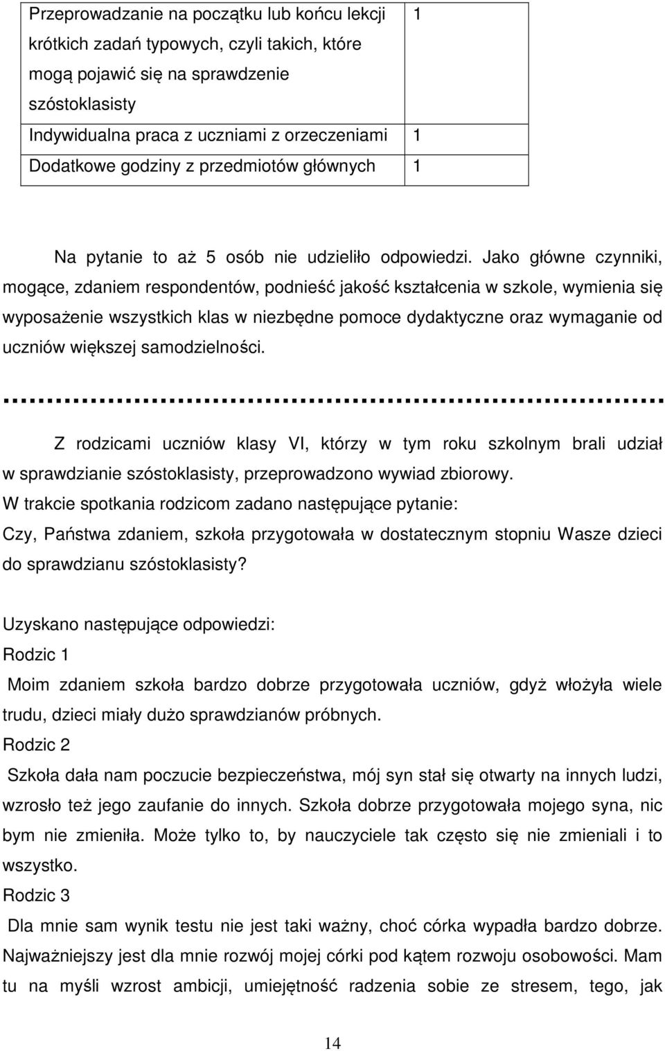 Jako główne czynniki, mogące, zdaniem respondentów, podnieść jakość kształcenia w szkole, wymienia się wyposażenie wszystkich klas w niezbędne pomoce dydaktyczne oraz wymaganie od uczniów większej