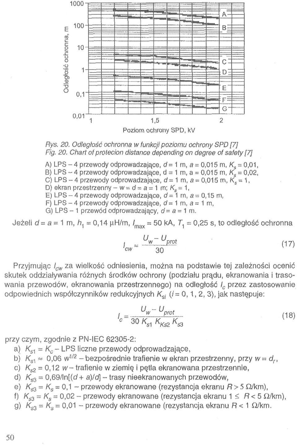 Chart of protecion distance depending on degree of safety [7] Jeżeli A) LPS - 4 przewody odprowadzające, B) LPS - 4 przewody odprowadzające, C) LPS - 4 przewody odprowadzające, D) ekran przestrzenny
