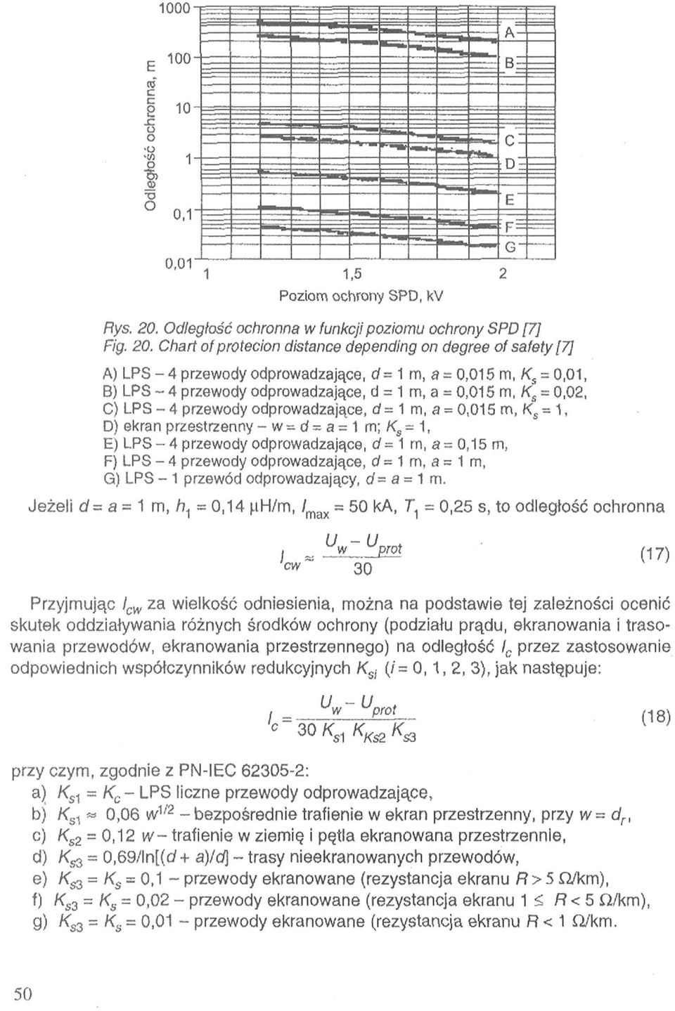 Chart of protecion distance depending on degree of safety [7] Jeżeli A) LPS - 4 przewody odprowadzające, B) LPS - 4 przewody odprowadzające, C) LPS - 4 przewody odprowadzające, D) ekran przestrzenny