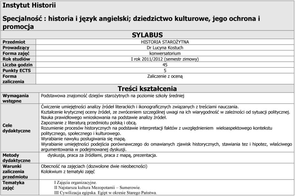 przedmiotu Tematyka zajęć Treści kształcenia Podstawowa znajomość dziejów starożytnych na poziomie szkoły średniej Ćwiczenie umiejętności analizy źródeł literackich i ikonograficznych związanych z