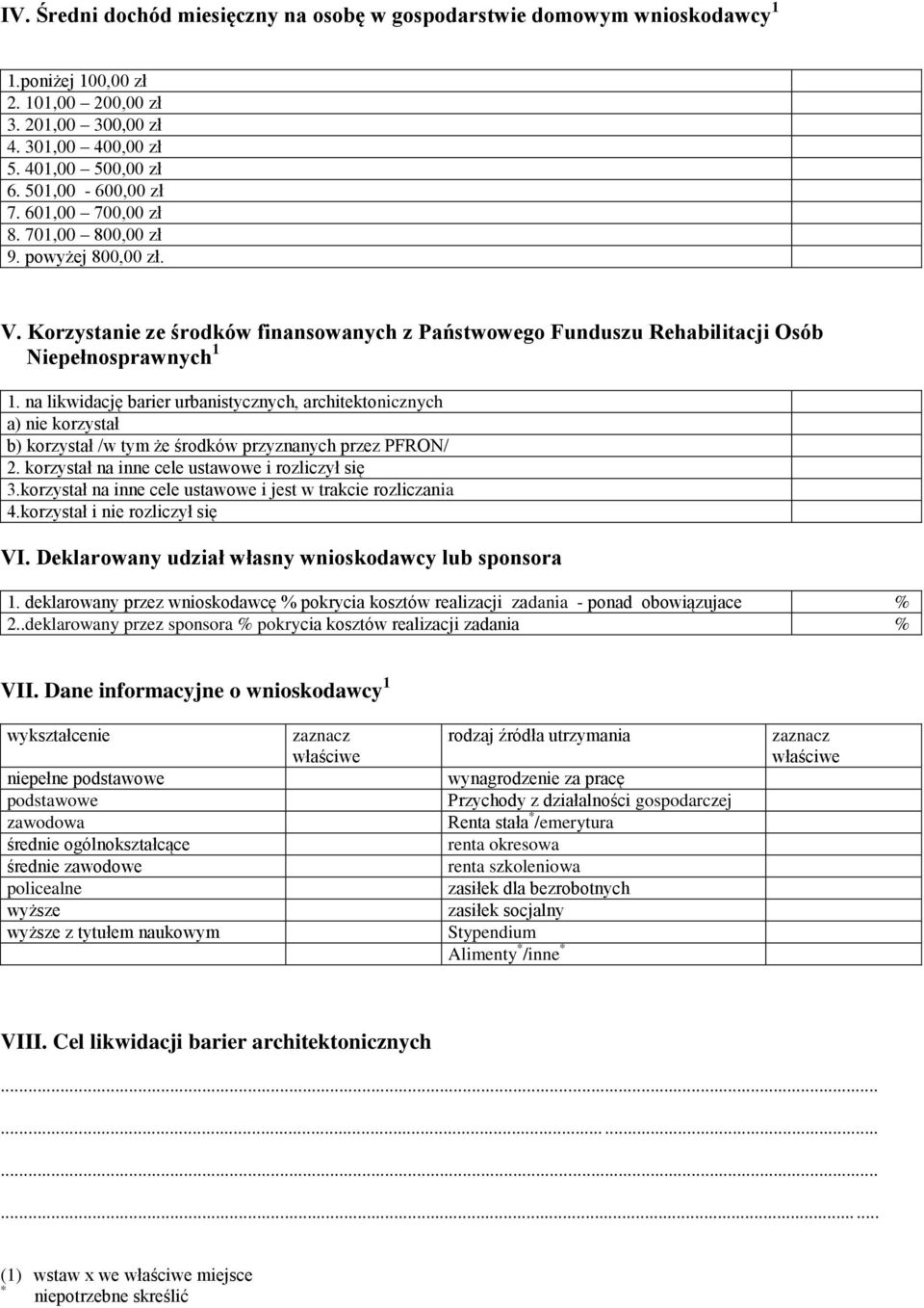 na likwidację barier urbanistycznych, architektonicznych a) nie korzystał b) korzystał /w tym że środków przyznanych przez PFRON/ 2. korzystał na inne cele ustawowe i rozliczył się 3.