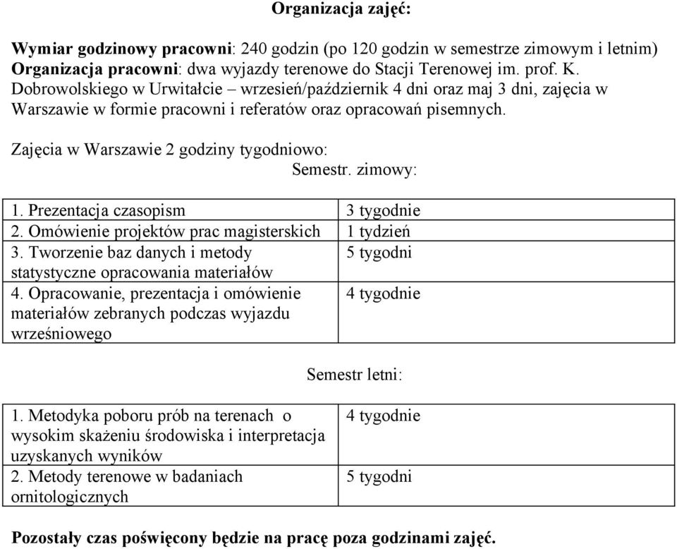 zimowy: 1. Prezentacja czasopism 3 tygodnie 2. Omówienie projektów prac magisterskich 1 tydzień 3. Tworzenie baz danych i metody 5 tygodni statystyczne opracowania materiałów 4.