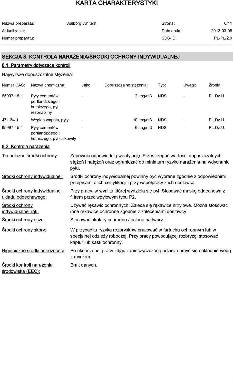 2. Kontrola narażenia - 6 mg/m3 NDS - PL.Dz.U.