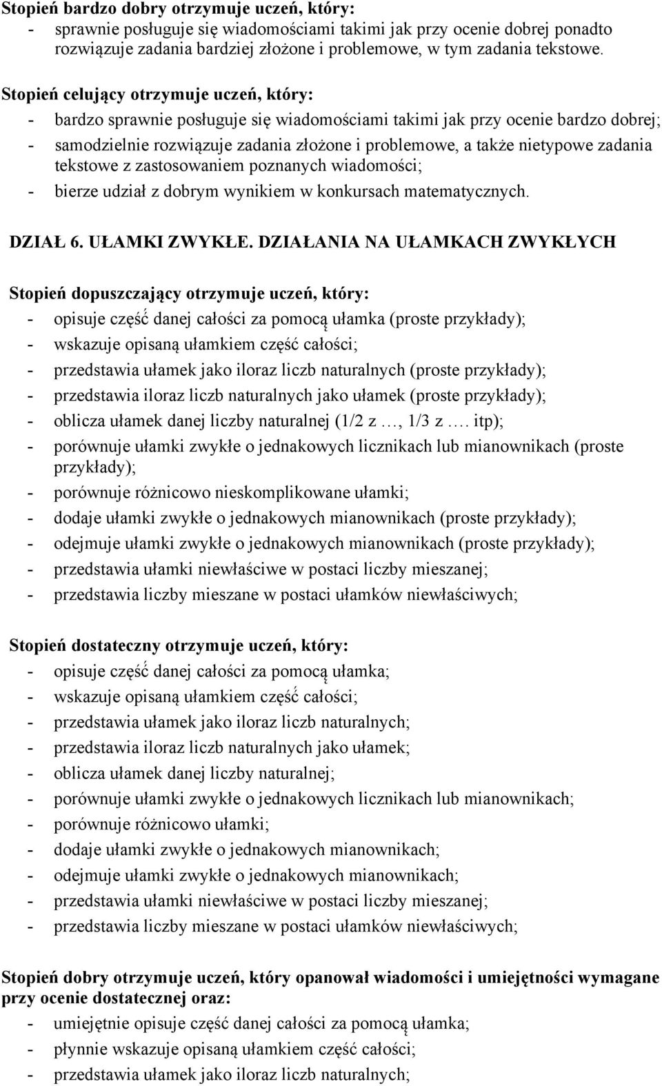 DZIAŁANIA NA UŁAMKACH ZWYKŁYCH - opisuje część danej całości za pomocą ułamka (proste przykłady); - wskazuje opisaną ułamkiem część całości; - przedstawia ułamek jako iloraz liczb naturalnych (proste