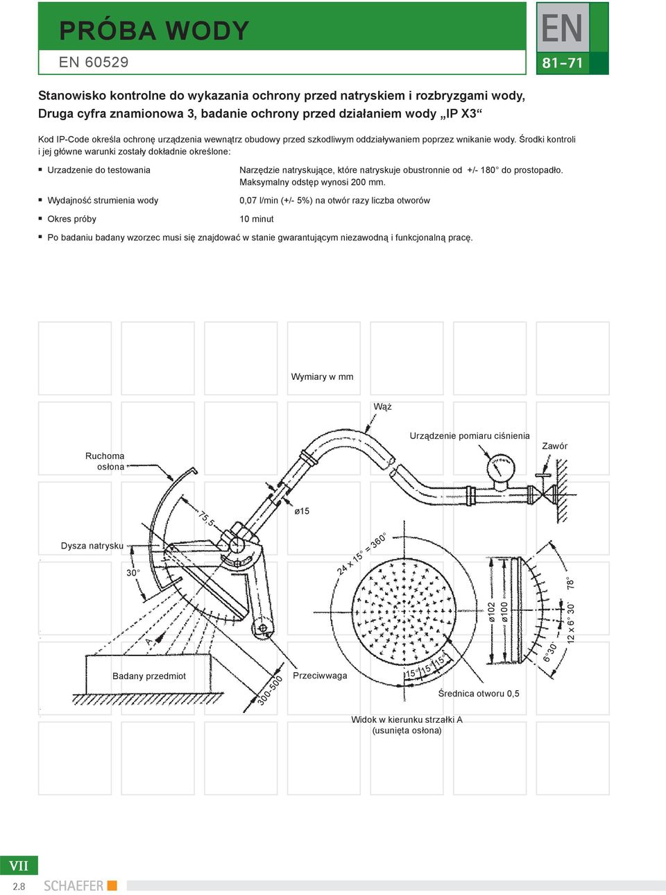 Środki kontroli i jej główne warunki zostały dokładnie określone: Urzadzenie do testowania Wydajność strumienia wody Okres próby Narzędzie natryskujące, które natryskuje obustronnie od +/- 180 do