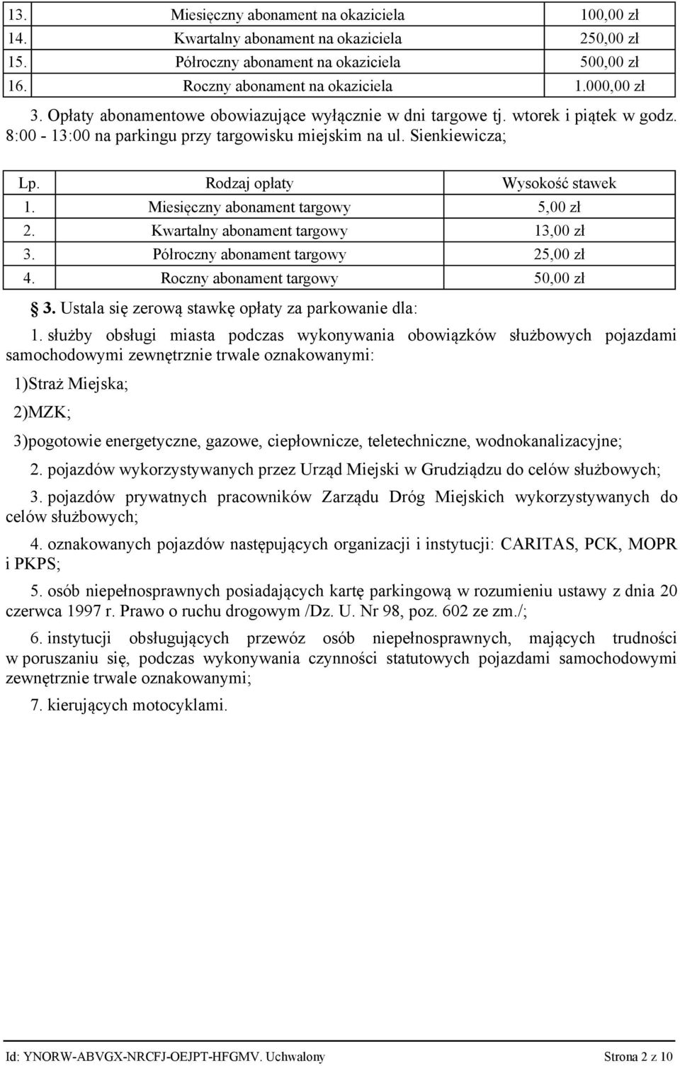 Miesięczny abonament targowy 5,00 zł 2. Kwartalny abonament targowy 13,00 zł 3. Półroczny abonament targowy 25,00 zł 4. Roczny abonament targowy 50,00 zł 3.