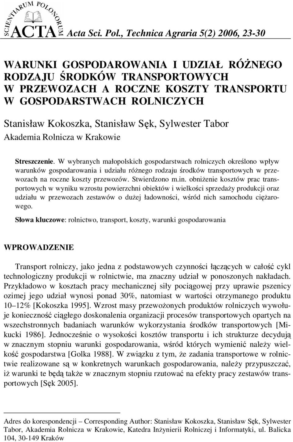 Stanisław Sk, Sylwester Tabor Akademia Rolnicza w Krakowie Streszczenie.
