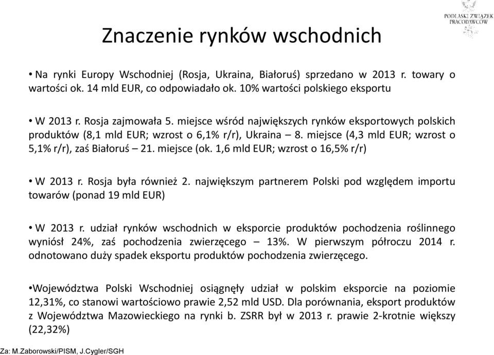 miejsce (ok. 1,6 mld EUR; wzrost o 16,5% r/r) W 2013 r. Rosja była również 2. największym partnerem Polski pod względem importu towarów (ponad 19 mld EUR) W 2013 r.