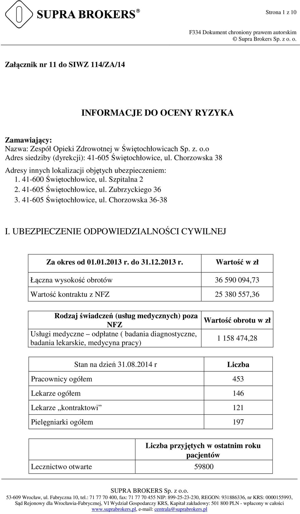 41-605 Świętochłowice, ul. Chorzowska 36-38 I. UBEZPIECZENIE ODPOWIEDZIALNOŚCI CYWILNEJ Za okres od 01.01.2013 r.