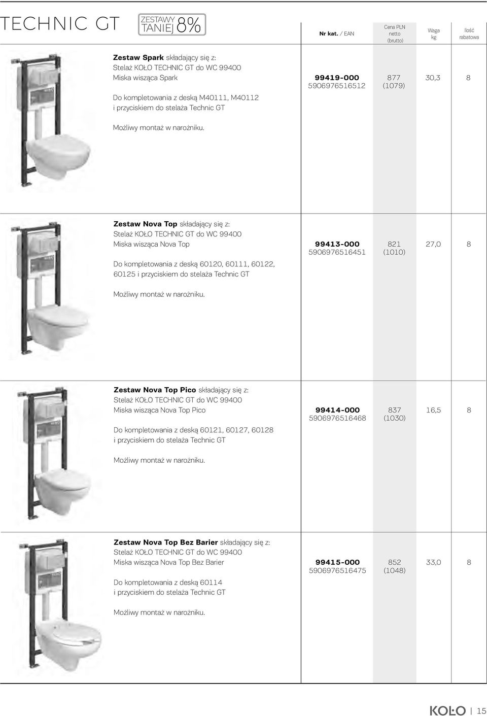 składający się z: Miska wisząca Nova Top Do kompletowania z deską 6020, 60, 6022, 602 i przyciskiem do stelaża Technic GT 9943-000 90697664 82 (00) 27,0 8 Zestaw Nova Top Pico