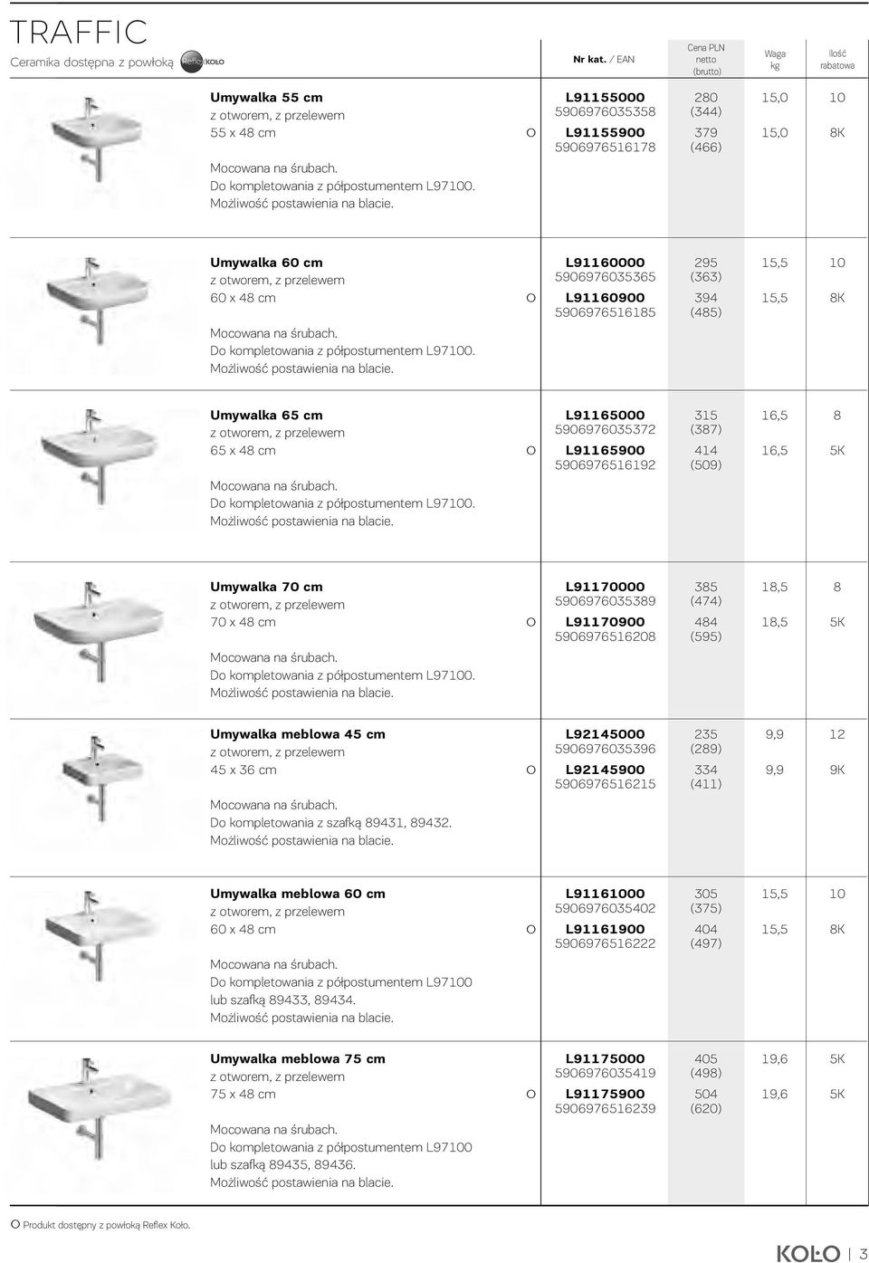 L960000 9069760336 L960900 90697668 29 (363) 394 (48),, 0 8K Umywalka 6 cm z otworem, z przelewem 6 x 48 cm Do kompletowania z półpostumentem L9700. Możliwość postawienia na blacie.