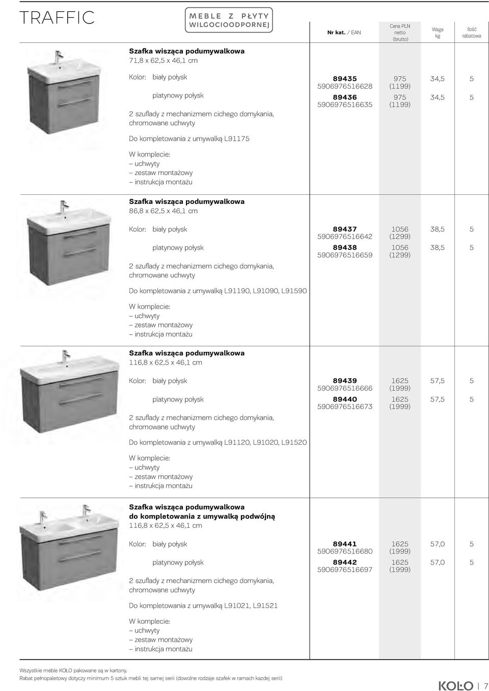 (99) 34, 34, Do kompletowania z umywalką L97 W komplecie: uchwyty zestaw montażowy instrukcja montażu Szafka wisząca podumywalkowa 86,8 x 62, x 46, cm Kolor: biały połysk platynowy połysk 2 szufl ady