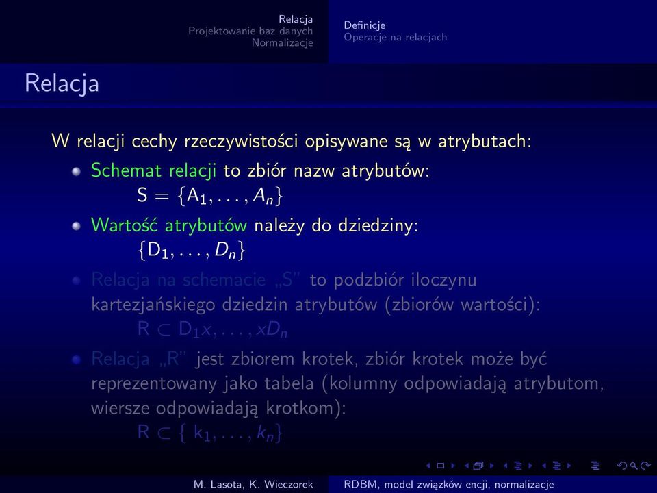 .., D n } Relacja na schemacie S to podzbiór iloczynu kartezjańskiego dziedzin atrybutów (zbiorów wartości): R D 1 x,.