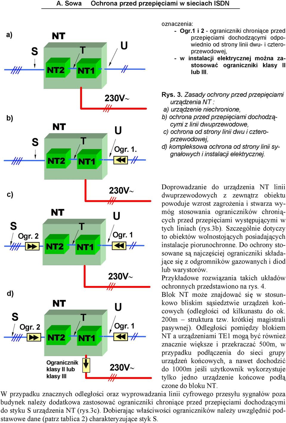. Zsdy ochrony przed przepięcimi urządzeni : ) urządzenie niechronione, ) ochron przed przepięcimi dochodzącymi z linii dwuprzewodowe, c) ochron od strony linii dwu i czteroprzewodowej, d) kompleksow