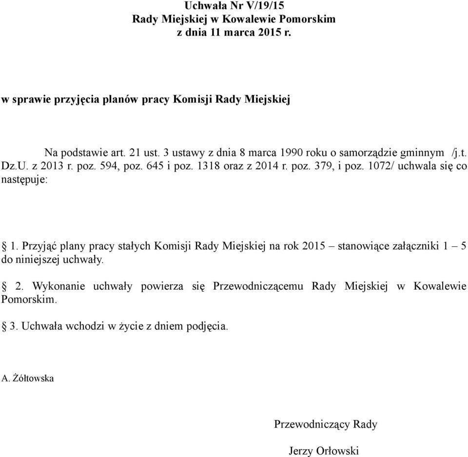 1072/ uchwala się co następuje: 1. Przyjąć plany pracy stałych Komisji Rady Miejskiej na rok 20