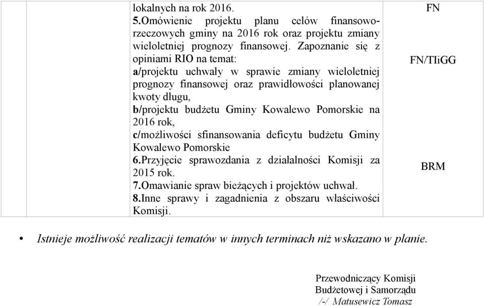 Kowalewo Pomorskie na 2016 rok, c/możliwości sfinansowania deficytu budżetu Gminy Kowalewo Pomorskie 6.Przyjęcie sprawozdania z działalności Komisji za 2015 rok. 7.
