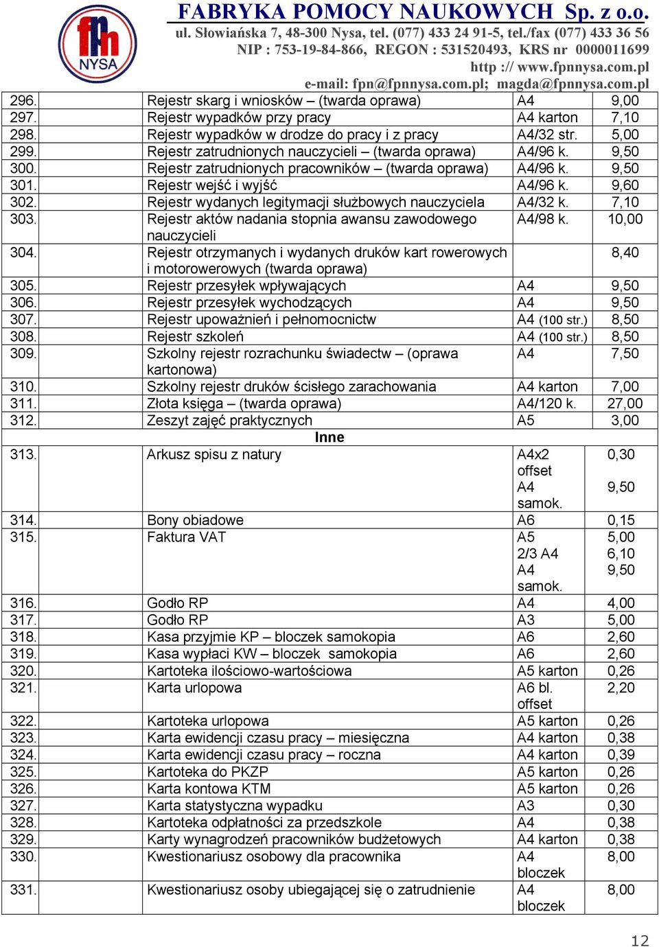 Rejestr wydanych legitymacji służbowych nauczyciela A4/32 k. 7,10 303. Rejestr aktów nadania stopnia awansu zawodowego A4/98 k. 10,00 nauczycieli 304.